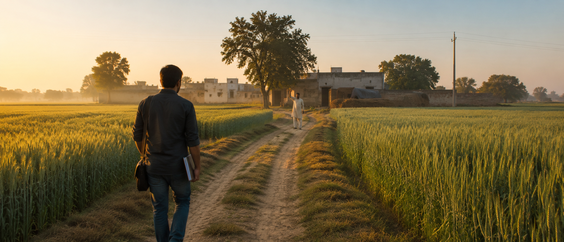 The small Khetora field team walking through a wheat field in Haryana